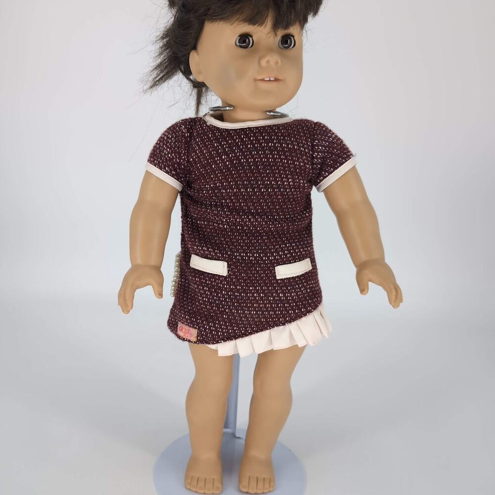 Our Generation Battat Brown Tweed Vintage Dress with Matching Pearl Bracelet GUC